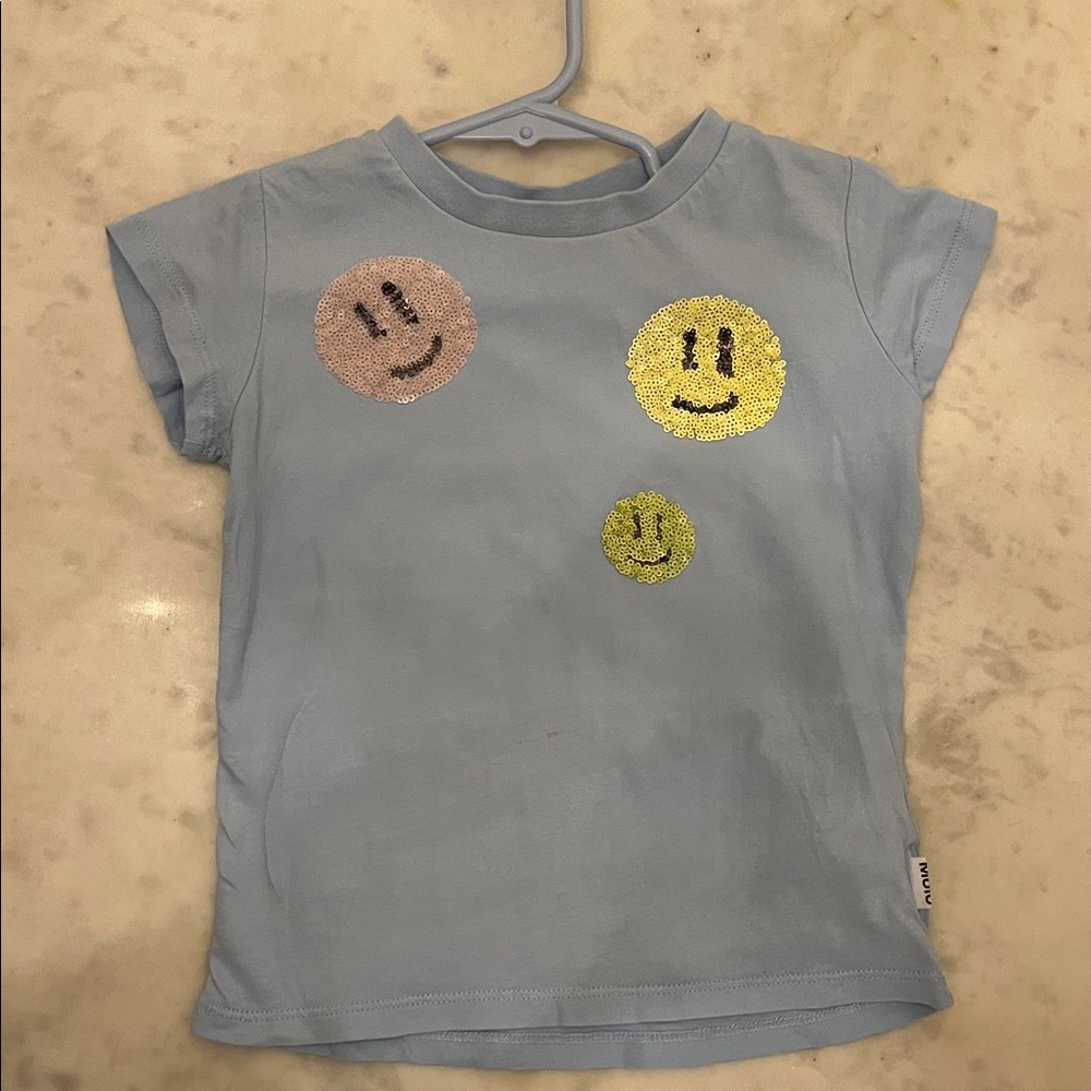 Molo Light Blue Tee with Sequin Smiley Faces